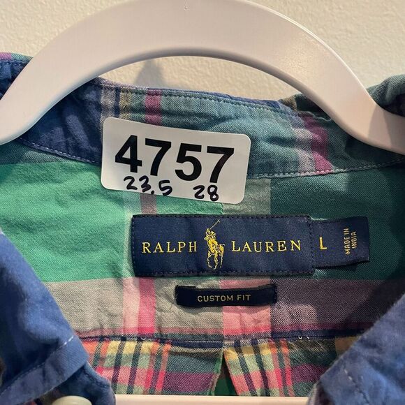 Ralph Lauren Women Blue Green Pink Blouse Shirt L Button Short Sleeve Custom Fit - Picture 4 of 4